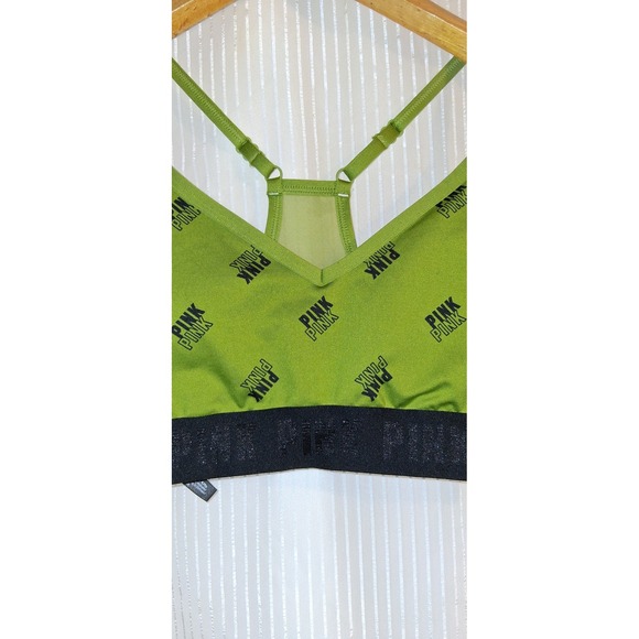 PINK‎ by Victoria Secret Sport Bra Size S Green All Over Logo Racerback Active - Picture 4 of 4
